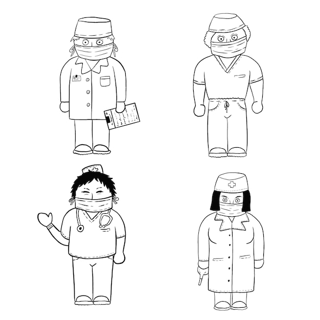 Quatre médecins dessinés à la main Coloration Line art