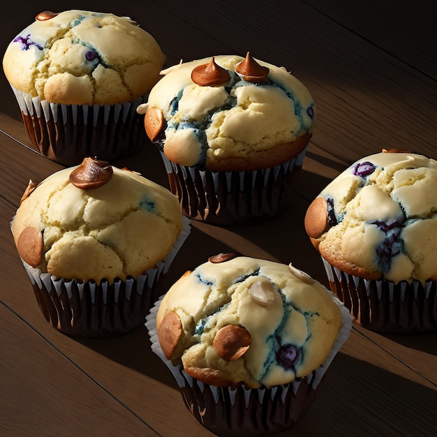 Quatre muffins aux bleuets sur eux sur une table