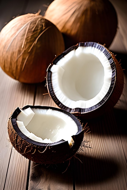 quatre noix de coco sur une table en bois