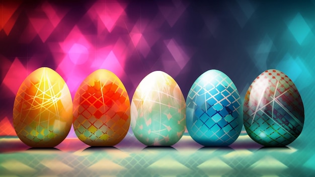 Quatre œufs de Pâques colorés sont alignés dans une rangée sur une table générative ai