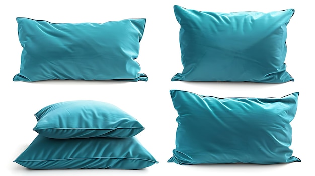 Quatre oreillers bleus isolés sur fond blanc