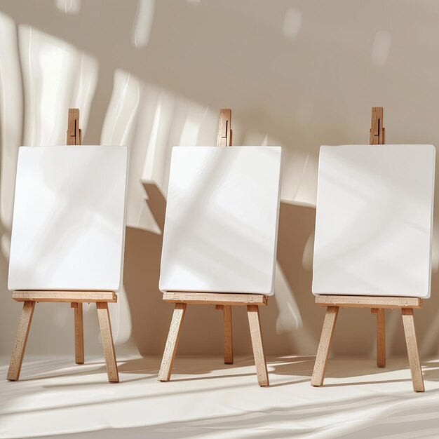 quatre peintures d'une toile blanche sont alignées sur une table