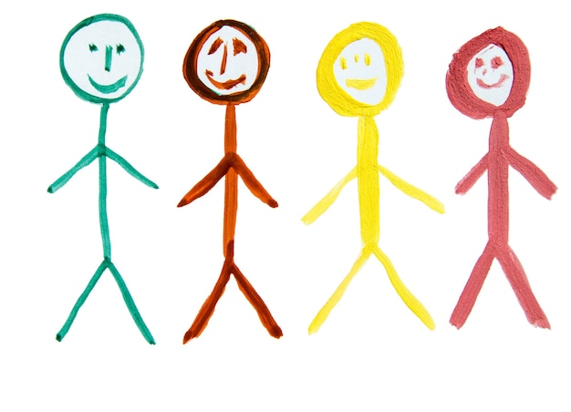 Quatre personnages multicolores, comme symbole de la diversité des nationalités, un dessin aquarellé dessiné à la main.