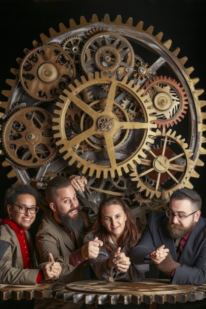 Quatre personnes d'ethnies différentes posant devant un grand équipement steampunk