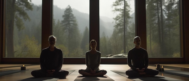 quatre personnes en pose de yoga devant une fenêtre avec des montagnes en arrière-plan