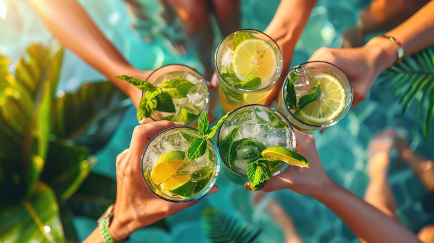 Photo quatre personnes tiennent des verres de boissons avec des citrons et de la menthe