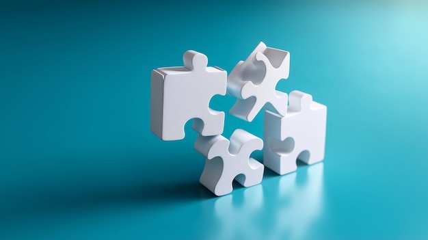 Quatre pièces de puzzle blanches disposées sur un fond bleu symbolisant la résolution de problèmes et la collaboration dans des projets créatifs