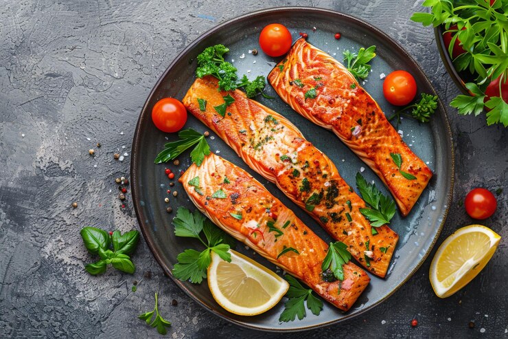 Photo quatre plats avec du saumon cuit au four sur une assiette sur un fond plat ia générative