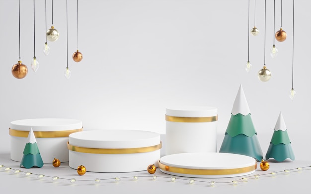 Quatre Podium Stage Show Produit Boule De Sapin De Noël Ornement Lumières Suspendus Blanc Doré Rendu 3D