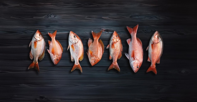 Quatre poissons crus frais sur une table en bois