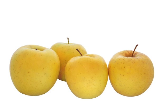 Quatre pommes jaunes sur fond blanc