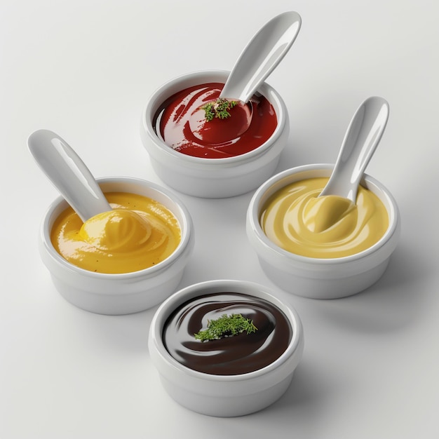 Photo quatre récipients de moutarde et de ketchup de différentes couleurs avec des cuillères