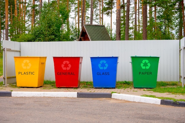 Photo quatre réservoirs métalliques multicolores avec déchets séparés. prendre soin de l'environnement et de l'écologie.
