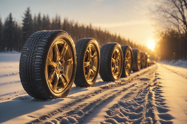 Quatre roues de voiture sur route d'hiver générative ai