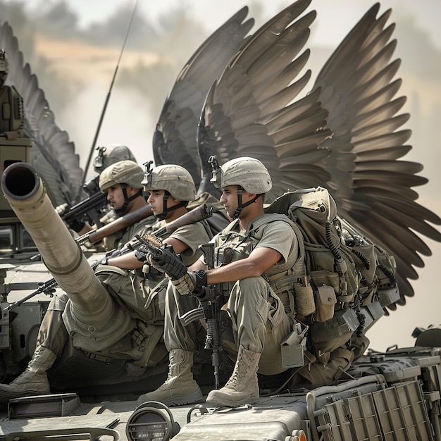 Photo quatre soldats avec des ailes qui disent des ailes à l'arrière d'un char