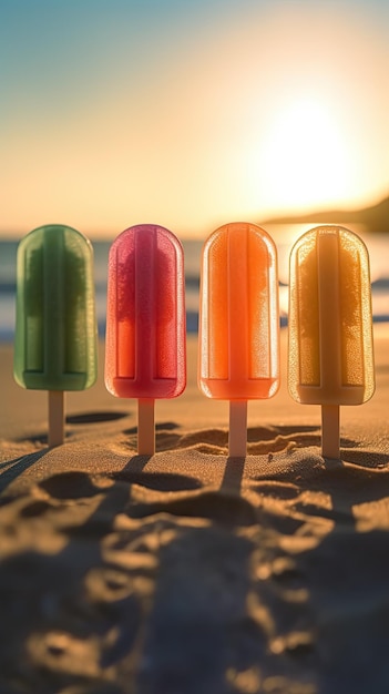 Quatre sucettes sur la plage au coucher du soleil AI générative