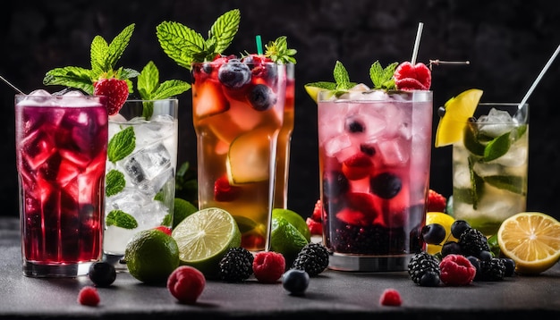 Quatre types de boissons avec garniture de fruits