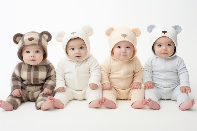 Quatre variations de bébés sur fond blanc Groupe d'enfants multiraciaux différents sur fond blanc Ai généré