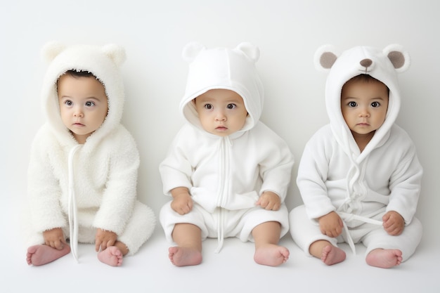 Quatre variations de bébés sur fond blanc Groupe d'enfants multiraciaux différents sur fond blanc Ai généré