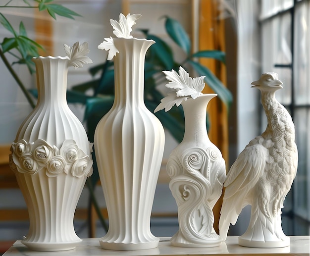 quatre vases avec un oiseau dessus