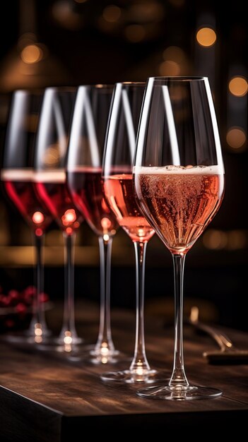 Quatre verres de champagne avec du champagne rose sur une table en bois