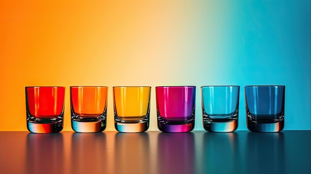 Photo quatre verres de différentes couleurs sont alignés sur une table.