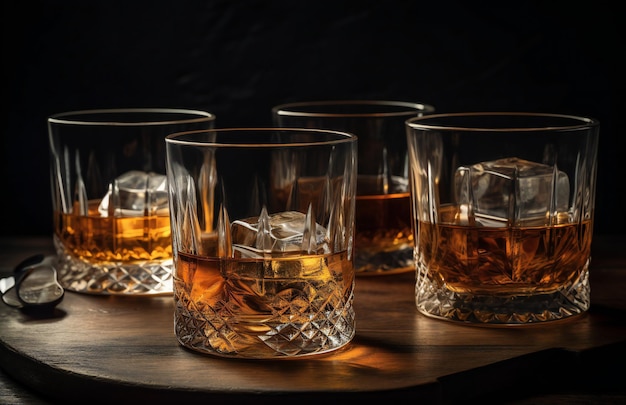 Quatre verres de whisky sur un plateau en bois avec des glaçons.