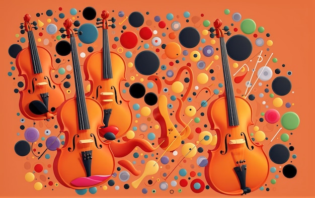 Photo quatre violons musicaux sur fond orange parmi des cercles multicolores