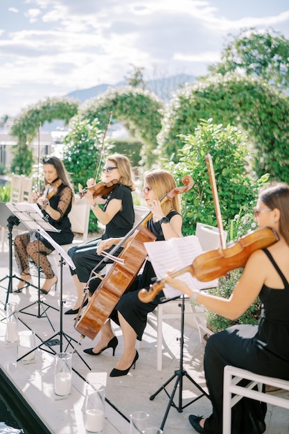 Photo un quatuor à cordes joue du violon et du violoncelle assis sur des chaises dans le jardin.