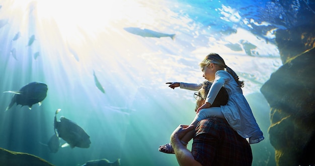 Quel est le nom de ce poisson Papa Photo recadrée d'un père et de sa petite fille regardant une exposition dans un aquarium