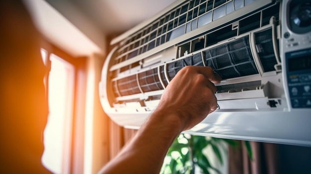 Quelqu'un ajuste le climatiseur sur le mur générative ai