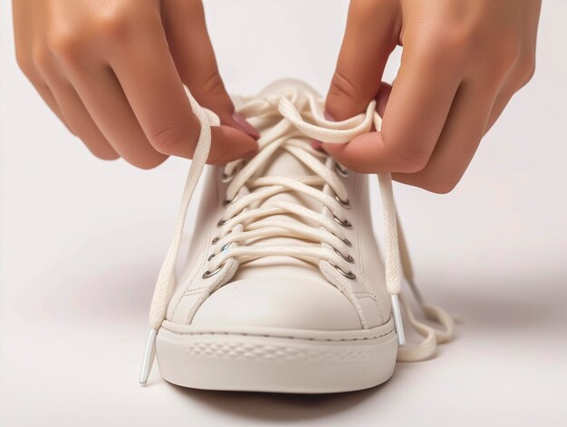 Quelqu'un attache un lacet de chaussure avec ses mains sur une chaussure blanche pied