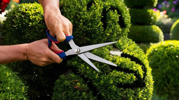 Quelqu'un coupe des buissons avec des ciseaux de jardin