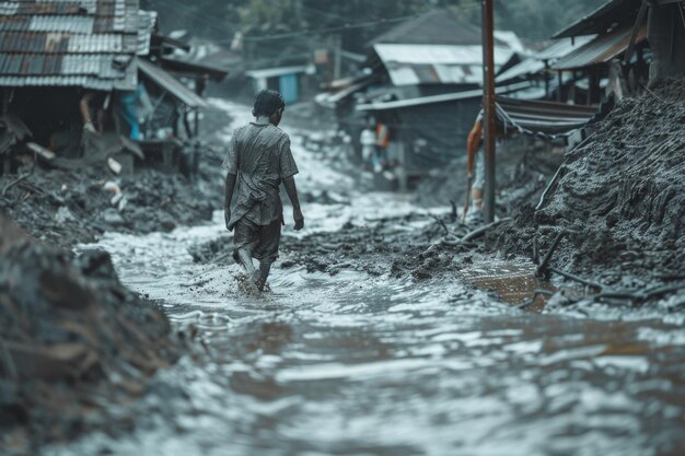 Photo quelqu'un a couru pour sauver sa vie d'un torrent de boue qui a frappé leur village après une pluie torrentielle prolongée.