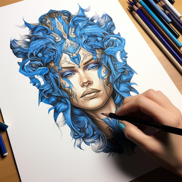 Photo quelqu'un dessine un dessin d'une femme aux cheveux bleus