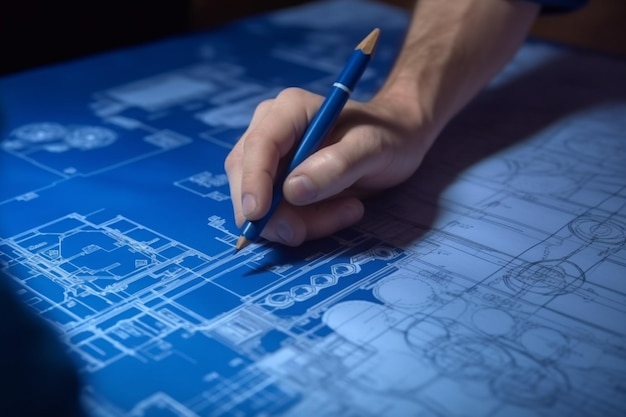 quelqu'un dessine un plan avec un crayon sur une table IA générative