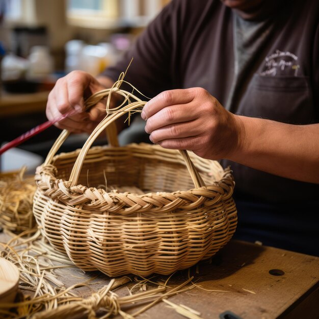 Photo quelqu'un fabriquant à la main un panier de panier traditionnel