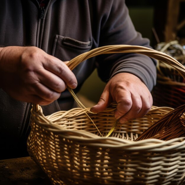 Photo quelqu'un fabriquant à la main un panier de panier traditionnel