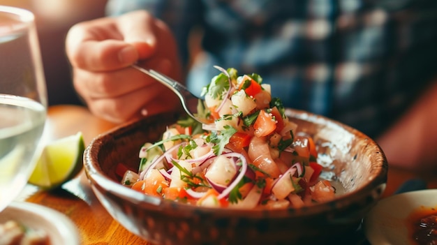 quelqu'un mangeant un Ceviche mexicain