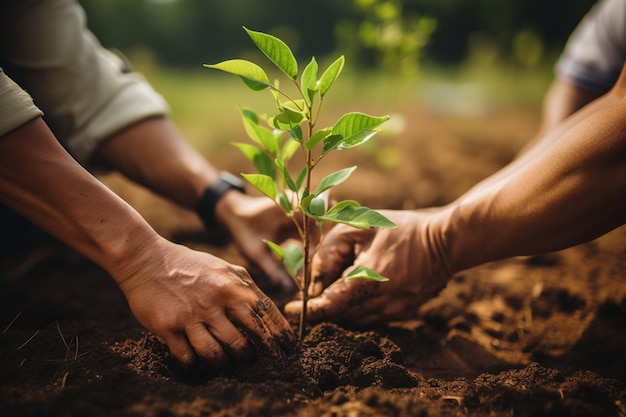 Photo quelqu'un plante un arbre avec ses mains dans la terre ia générative