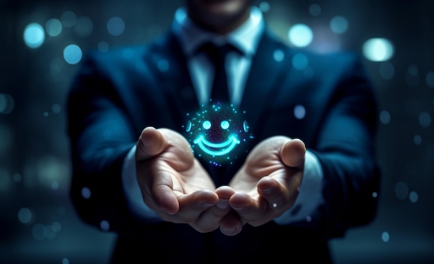 Quelqu'un tenant une balle lumineuse dans ses mains avec un smiley brillant visage génératif ai