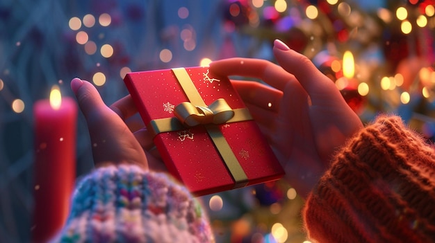 quelqu'un tenant un cadeau rouge avec un arc en or devant un arbre de Noël génératif ai
