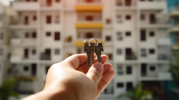 Photo quelqu'un tenant deux clés devant un bâtiment avec un fond de ciel génératif ai