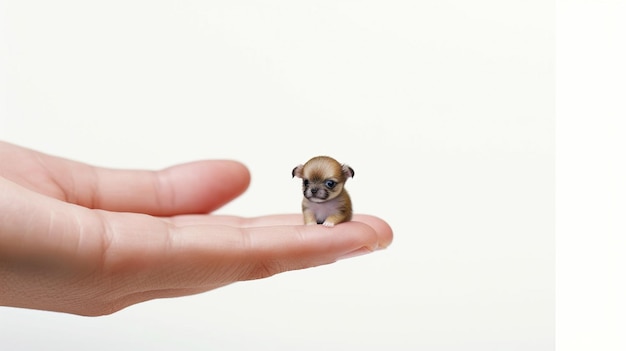 Quelqu'un tenant un petit chien dans sa main sur un fond blanc ai génératif