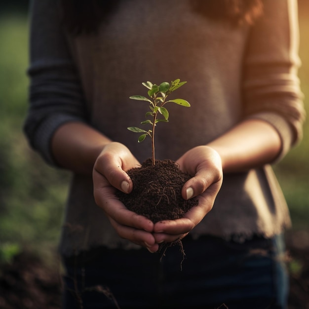 quelqu'un tenant une petite plante dans ses mains dans un champ ai génératif