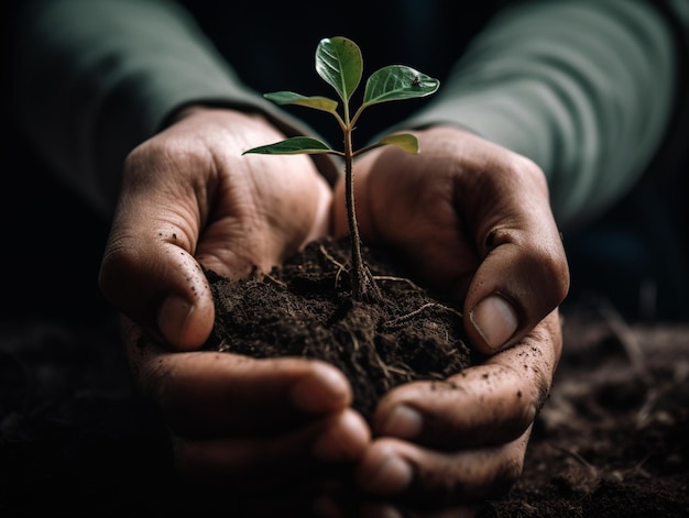 Quelqu'un tenant une petite plante dans ses mains avec de la saleté générative ai