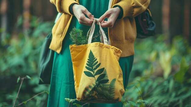 Photo quelqu'un tenant un sac avec une plante dessus dans une forêt générative ai