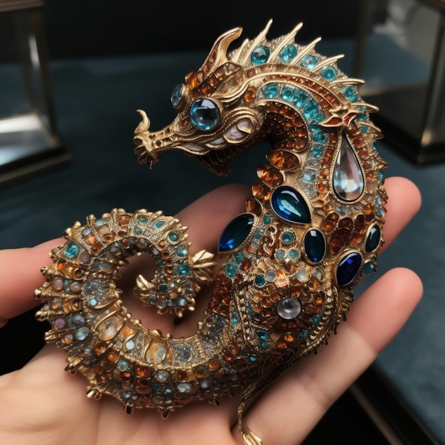 Quelqu'un tient une broche avec un cheval de mer fait de bijoux génératifs ai