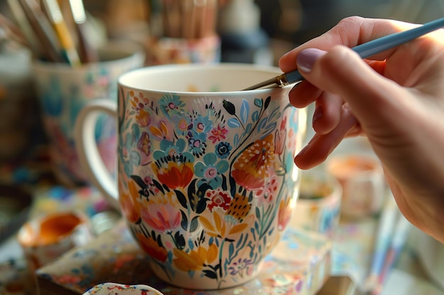 quelqu'un tient une cuillère dans une tasse avec un dessin floral génératif ai