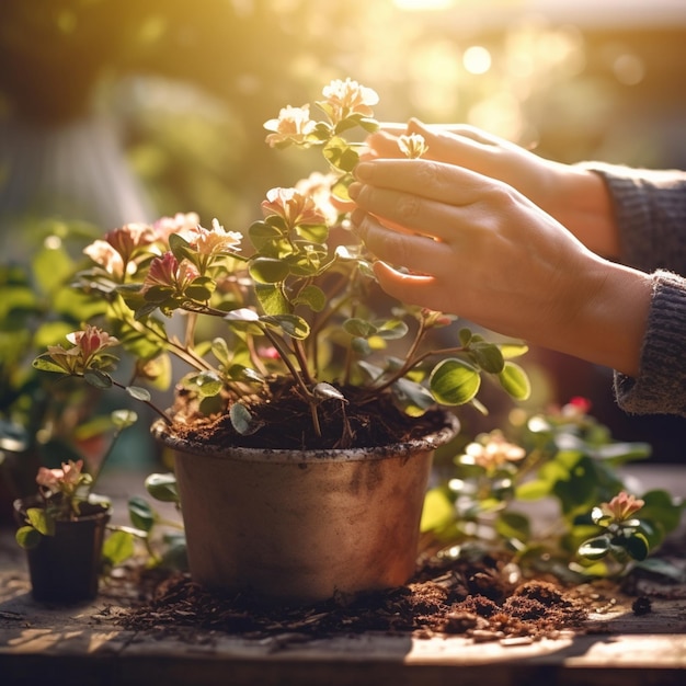 Photo quelqu'un tient une fleur dans un pot sur une table générative ai